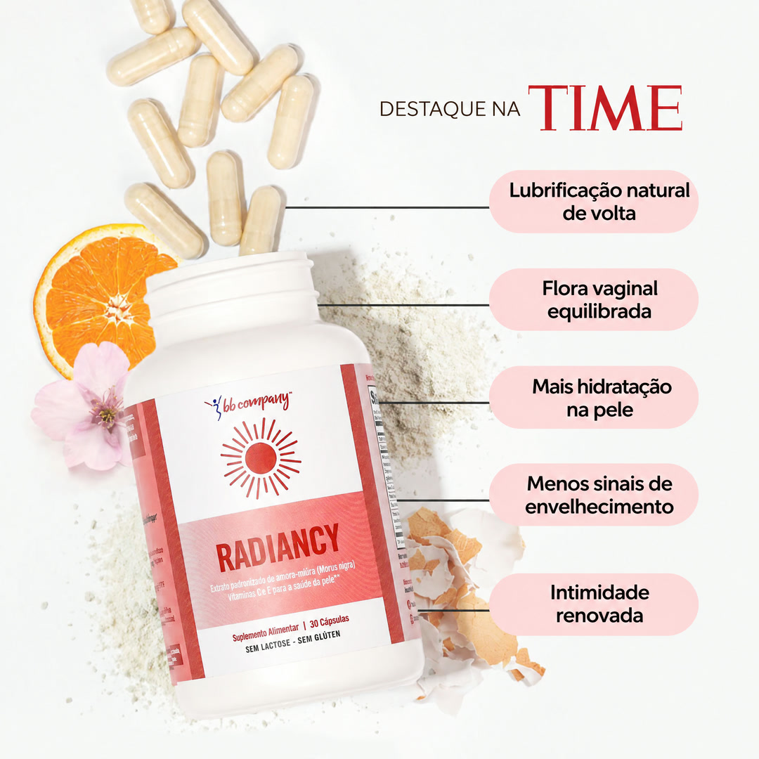 Frasco de Radiancy cercado de cápsulas, com destaque na revista TIME