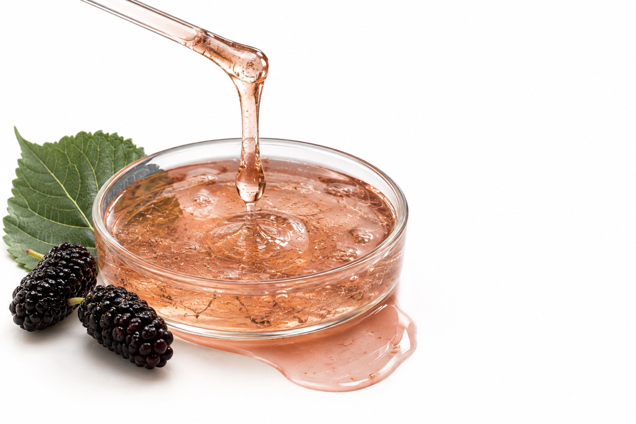 Gel viscoso e translúcido de mucilagem de amora-miúra escorrendo de um bastão de vidro para dentro de uma placa de petri.