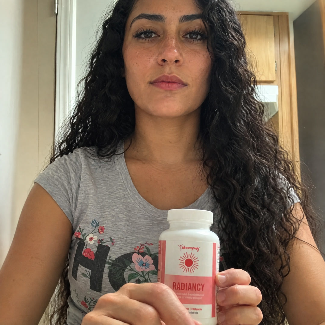 Mulher de cabelo longo escuro segurando um frasco branco com rótulo rosa onde se lê "RADIANCY".